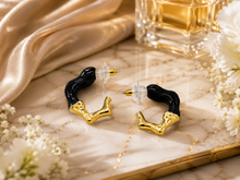 Load image into Gallery viewer, Black Enamel &amp; Gold Wavy Hoop Earrings
