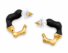 Load image into Gallery viewer, Black Enamel &amp; Gold Wavy Hoop Earrings