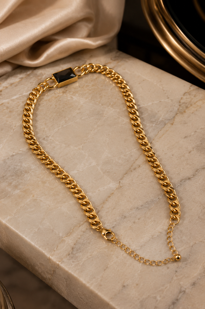 Gold Curb Chain Black Stone Necklace