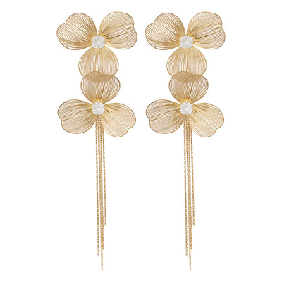 Gold Double Flower Tassel Earrings
