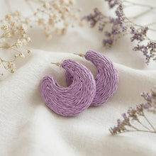Load image into Gallery viewer, Woven Raffia Crescent Hoop Earrings (Purple)