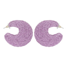 Load image into Gallery viewer, Woven Raffia Crescent Hoop Earrings (Purple)