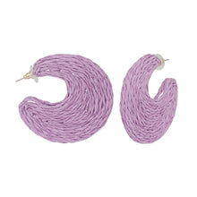 Load image into Gallery viewer, Woven Raffia Crescent Hoop Earrings (Purple)