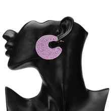 Load image into Gallery viewer, Woven Raffia Crescent Hoop Earrings (Purple)