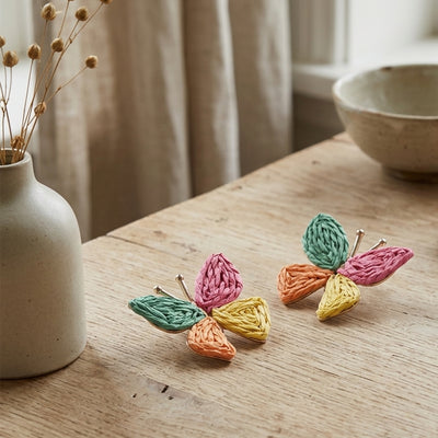 Multicolor Woven Straw Butterfly Stud Earrings