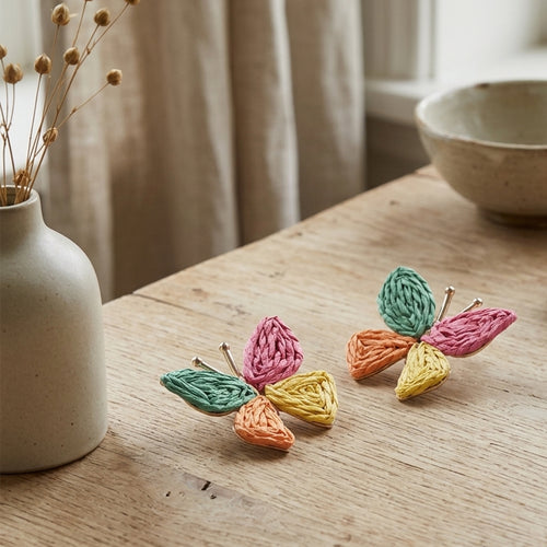 Multicolor Woven Straw Butterfly Stud Earrings