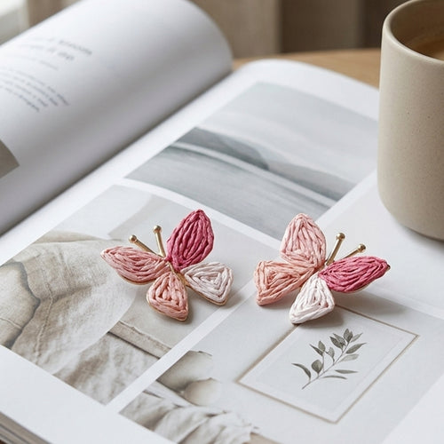 Pink Ombre Woven Raffia Butterfly Stud Earrings