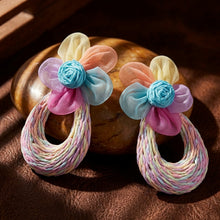 Load image into Gallery viewer, Vibrant Mesh Flower Pastel Raffia Drop Earrings