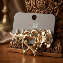 Load image into Gallery viewer, 3-Pair Gold Tropical Charm &amp; Heart Stud Set