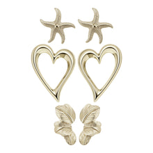 Load image into Gallery viewer, 3-Pair Gold Tropical Charm &amp; Heart Stud Set