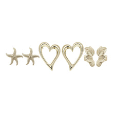 Load image into Gallery viewer, 3-Pair Gold Tropical Charm &amp; Heart Stud Set