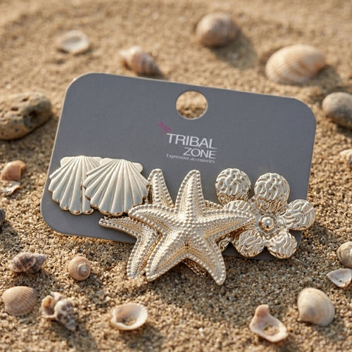 3-Pair Gold Ocean Charm & Floral Stud Set