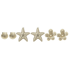 Load image into Gallery viewer, 3-Pair Gold Ocean Charm &amp; Floral Stud Set