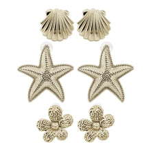 Load image into Gallery viewer, 3-Pair Gold Ocean Charm &amp; Floral Stud Set