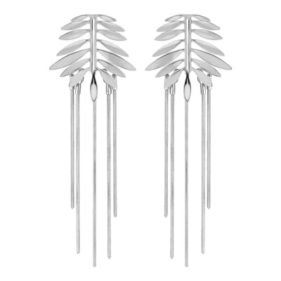 Silver Leaf Statement Stud Earrings with Long Chain Tassels