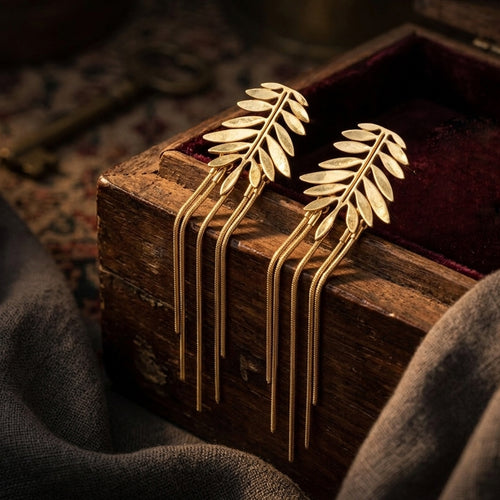 Gold Fern Leaf Snake Chain Drop Earrings