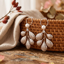 Load image into Gallery viewer, Silver Textured Leaf Pearl Drop Earrings