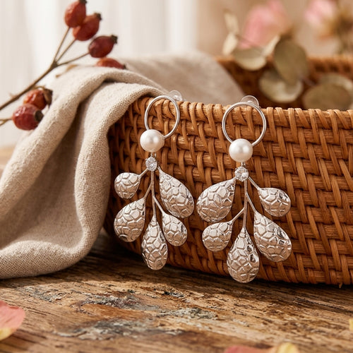 Silver Textured Leaf Pearl Drop Earrings