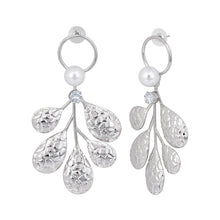 Load image into Gallery viewer, Silver Textured Leaf Pearl Drop Earrings