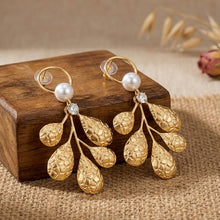 Load image into Gallery viewer, Gold Textured Leaf Chandelier Earrings with Pearls and Crystals