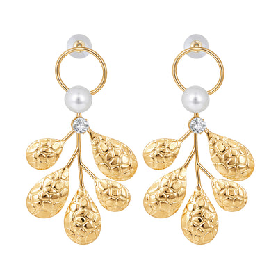 Gold Textured Leaf Chandelier Earrings with Pearls and Crystals