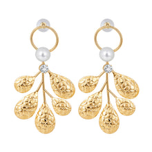Load image into Gallery viewer, Gold Textured Leaf Chandelier Earrings with Pearls and Crystals