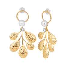 Load image into Gallery viewer, Gold Textured Leaf Chandelier Earrings with Pearls and Crystals