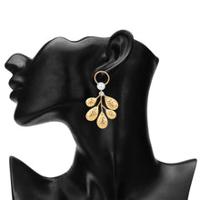 Load image into Gallery viewer, Gold Textured Leaf Chandelier Earrings with Pearls and Crystals