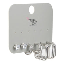 Load image into Gallery viewer, 3-Pair Silver Geometric Hoop &amp; Crystal Stud Set