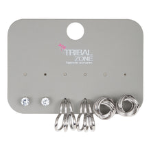 Load image into Gallery viewer, Silver-Toned Earring Set with Solitaire CZ Studs, Multi-Band Hoops, and Interlocking Knot Studs (Set of 3 Pairs)