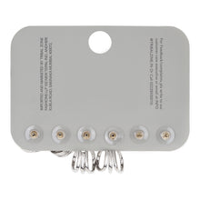 Load image into Gallery viewer, Silver-Toned Earring Set with Solitaire CZ Studs, Multi-Band Hoops, and Interlocking Knot Studs (Set of 3 Pairs)