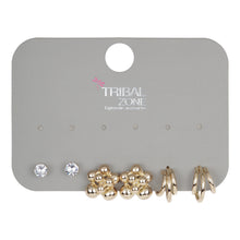 Load image into Gallery viewer, Gold-Toned Earring Set with Solitaire CZ Studs, Beaded Floral Studs, and Multi-Band Huggie Hoops (Set of 3 Pairs)