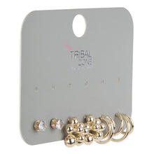 Load image into Gallery viewer, Gold-Toned Earring Set with Solitaire CZ Studs, Beaded Floral Studs, and Multi-Band Huggie Hoops (Set of 3 Pairs)