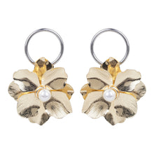Load image into Gallery viewer, Two-Tone Brushed Gold Flower Pearl Hoop Earrings