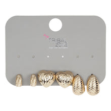 Load image into Gallery viewer, Gold-Toned Textured Earring Set with Small Huggie Hoops, Textured Hearts, and Ribbed Oval Studs (Set of 3 Pairs)