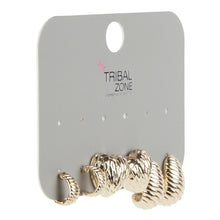 Load image into Gallery viewer, Gold-Toned Textured Earring Set with Small Huggie Hoops, Textured Hearts, and Ribbed Oval Studs (Set of 3 Pairs)