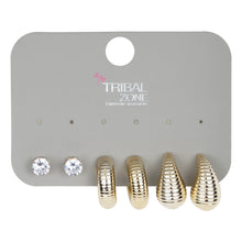 Load image into Gallery viewer, 3-Pair Gold Textured Hoop &amp; Crystal Stud Set