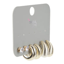 Load image into Gallery viewer, 3-Pair Gold Textured Hoop &amp; Crystal Stud Set