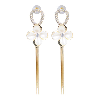 Gold Crystal Loop Mother-of-Pearl Flower Tassel Earrings