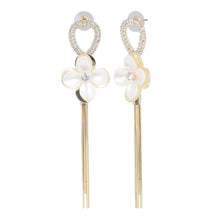 Load image into Gallery viewer, Gold Crystal Loop Mother-of-Pearl Flower Tassel Earrings