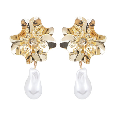 Gold Botanical Flower Baroque Pearl Drop Earrings