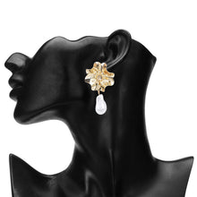 Load image into Gallery viewer, Gold Botanical Flower Baroque Pearl Drop Earrings