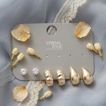 Load image into Gallery viewer, Gold and Silver-Toned Earring Set with CZ Solitaire Studs, Ribbed Huggies, and Teardrop Studs (Set of 3 Pairs)