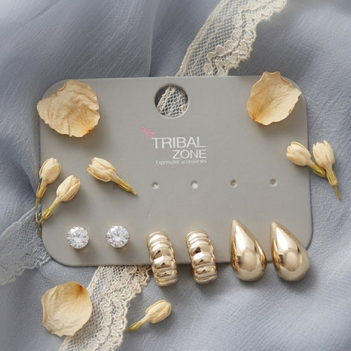 Gold and Silver-Toned Earring Set with CZ Solitaire Studs, Ribbed Huggies, and Teardrop Studs (Set of 3 Pairs)