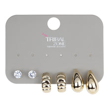 Load image into Gallery viewer, Gold and Silver-Toned Earring Set with CZ Solitaire Studs, Ribbed Huggies, and Teardrop Studs (Set of 3 Pairs)