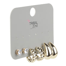Load image into Gallery viewer, Gold and Silver-Toned Earring Set with CZ Solitaire Studs, Ribbed Huggies, and Teardrop Studs (Set of 3 Pairs)