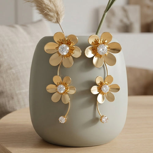 Gold Crystal Double Flower Drop Earrings