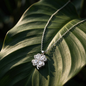 Silver Four-Leaf Clover Pendant Necklace with Crystals