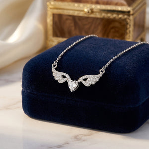 Silver Angel Wings Heart Pendant Necklace with Crystals