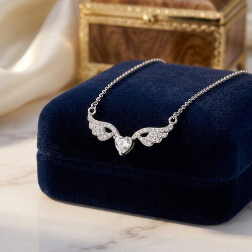 Silver Angel Wings Heart Pendant Necklace with Crystals